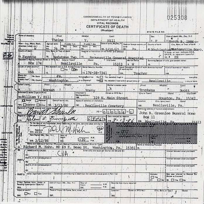 Thelma Yorty Hill death certificate
